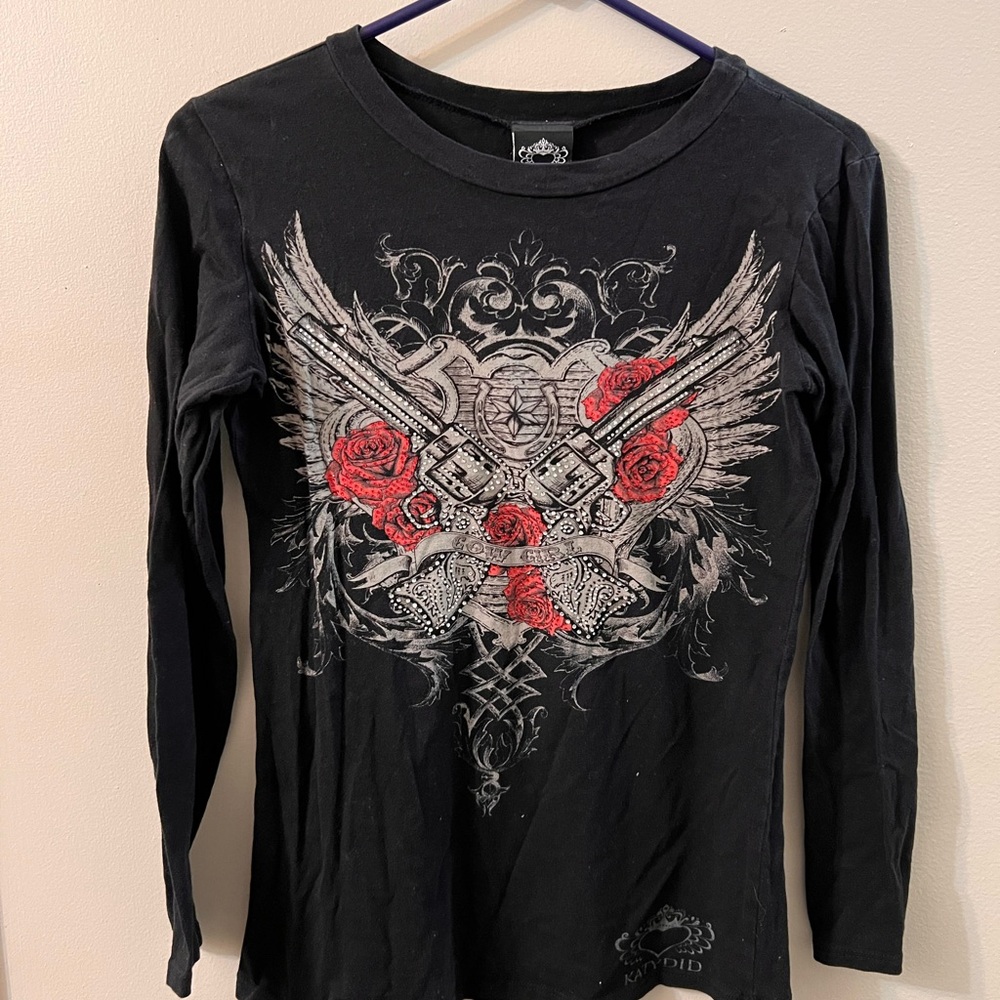 Katydid Black Long Sleeve Tee with Red and Gray Graphic